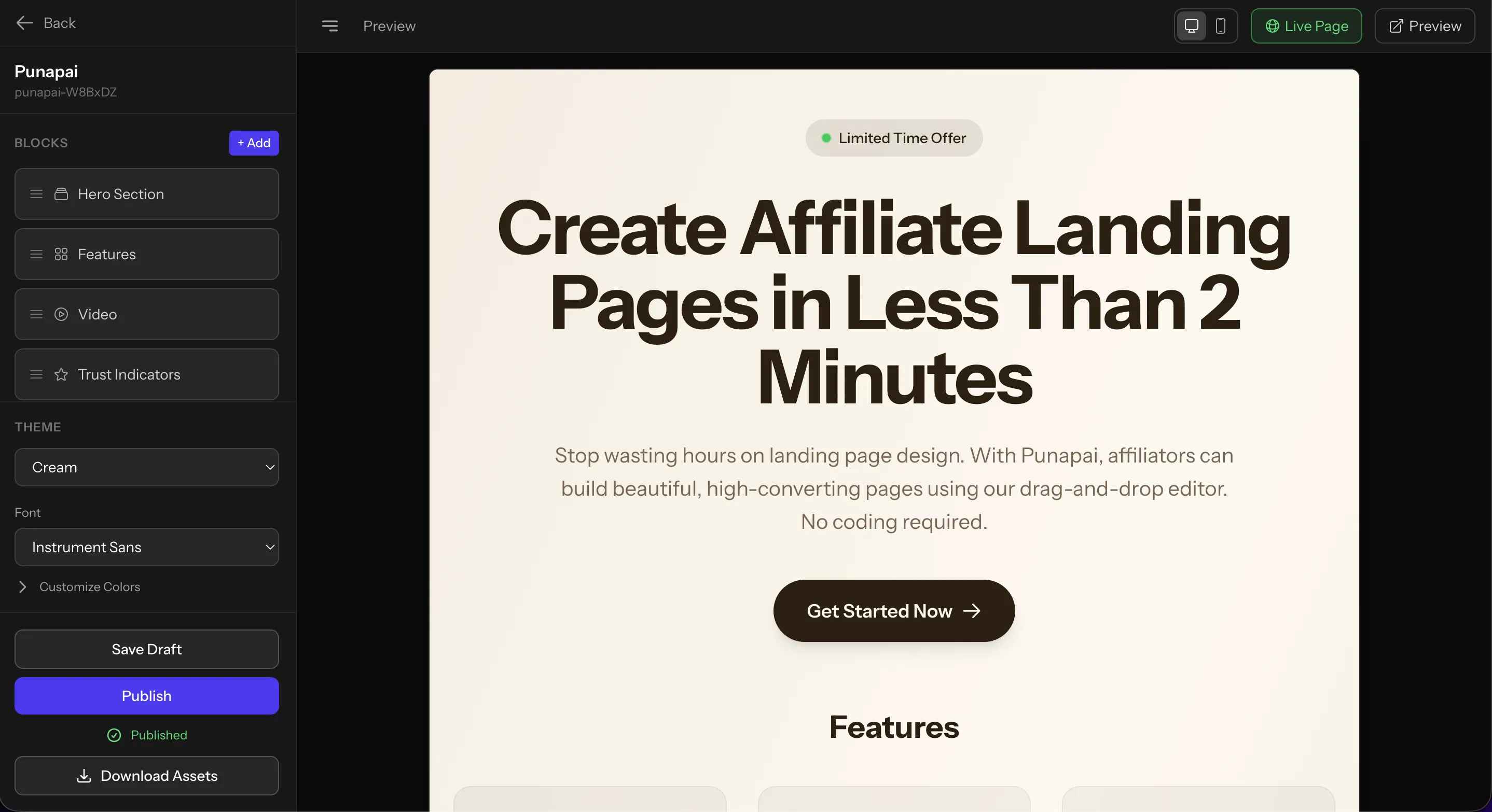 Punapai landing page editor with block builder, theme options, and one-click publish