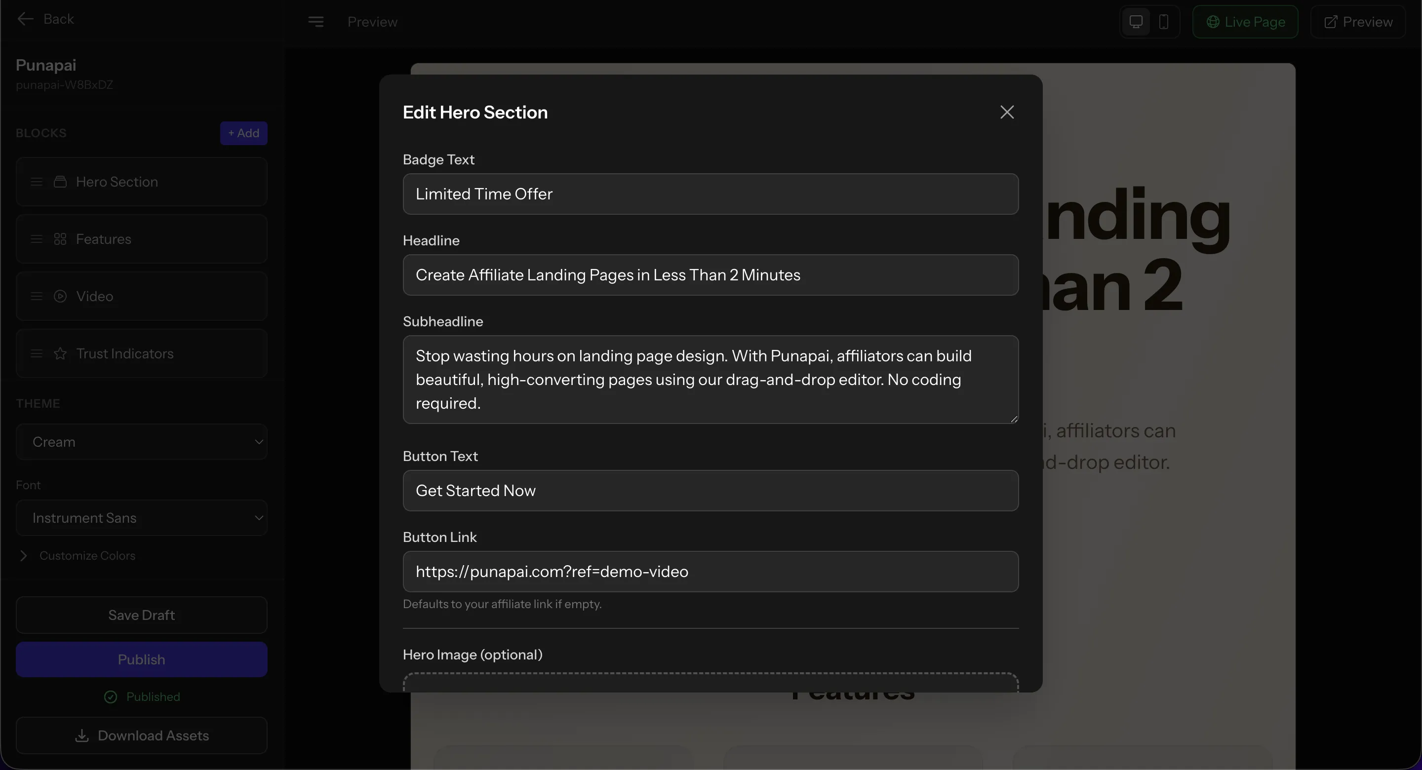 Editing a landing page hero section in Punapai with customizable headline, description, and affiliate link button