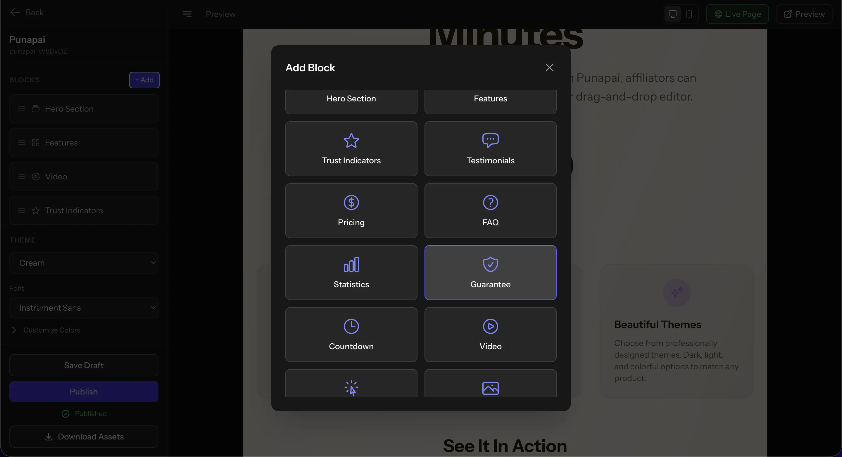 Punapai drag-and-drop block library with ready-made sections for hero, features, testimonials, pricing, and FAQ