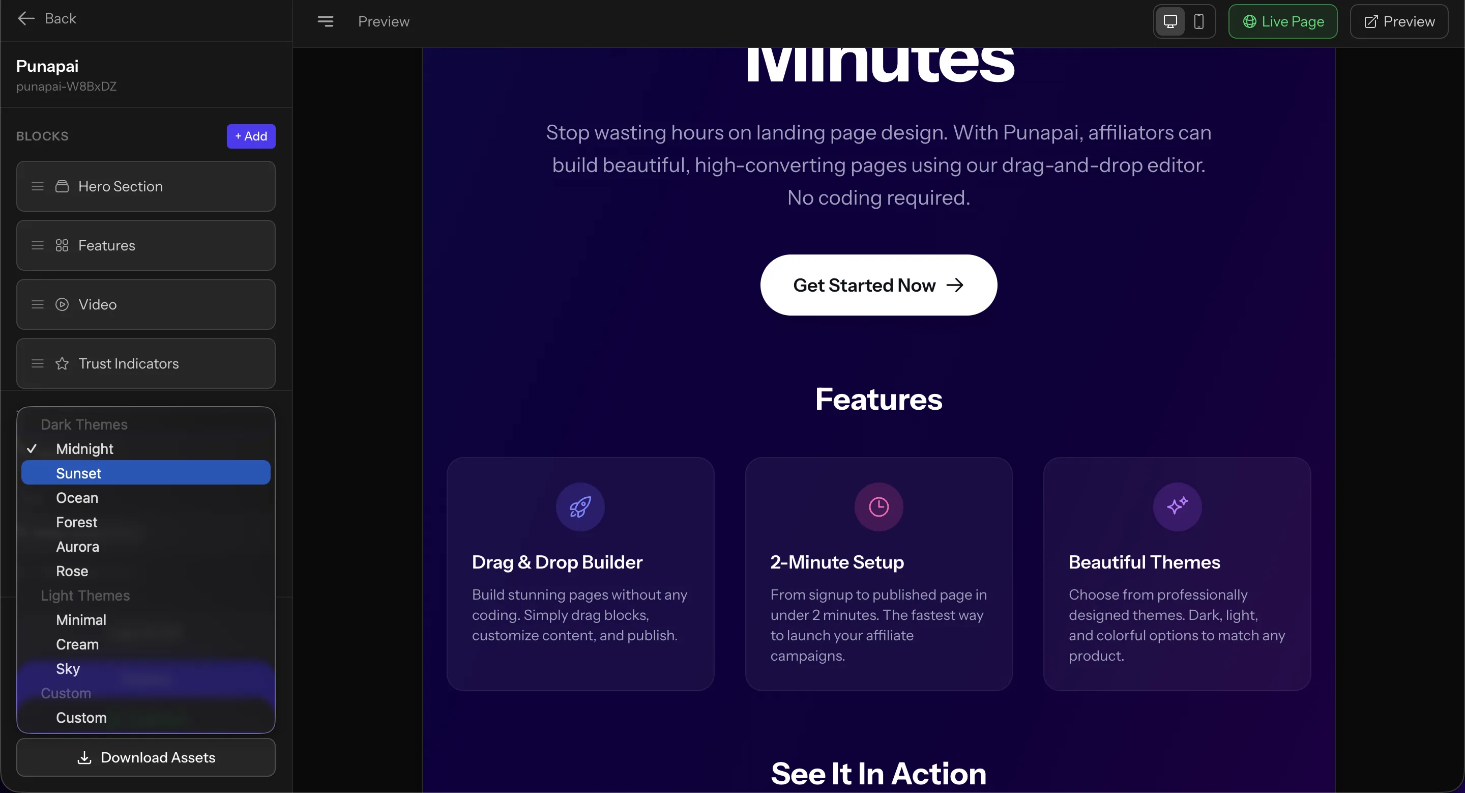 Punapai theme selector showing dark and light landing page themes for affiliate marketers