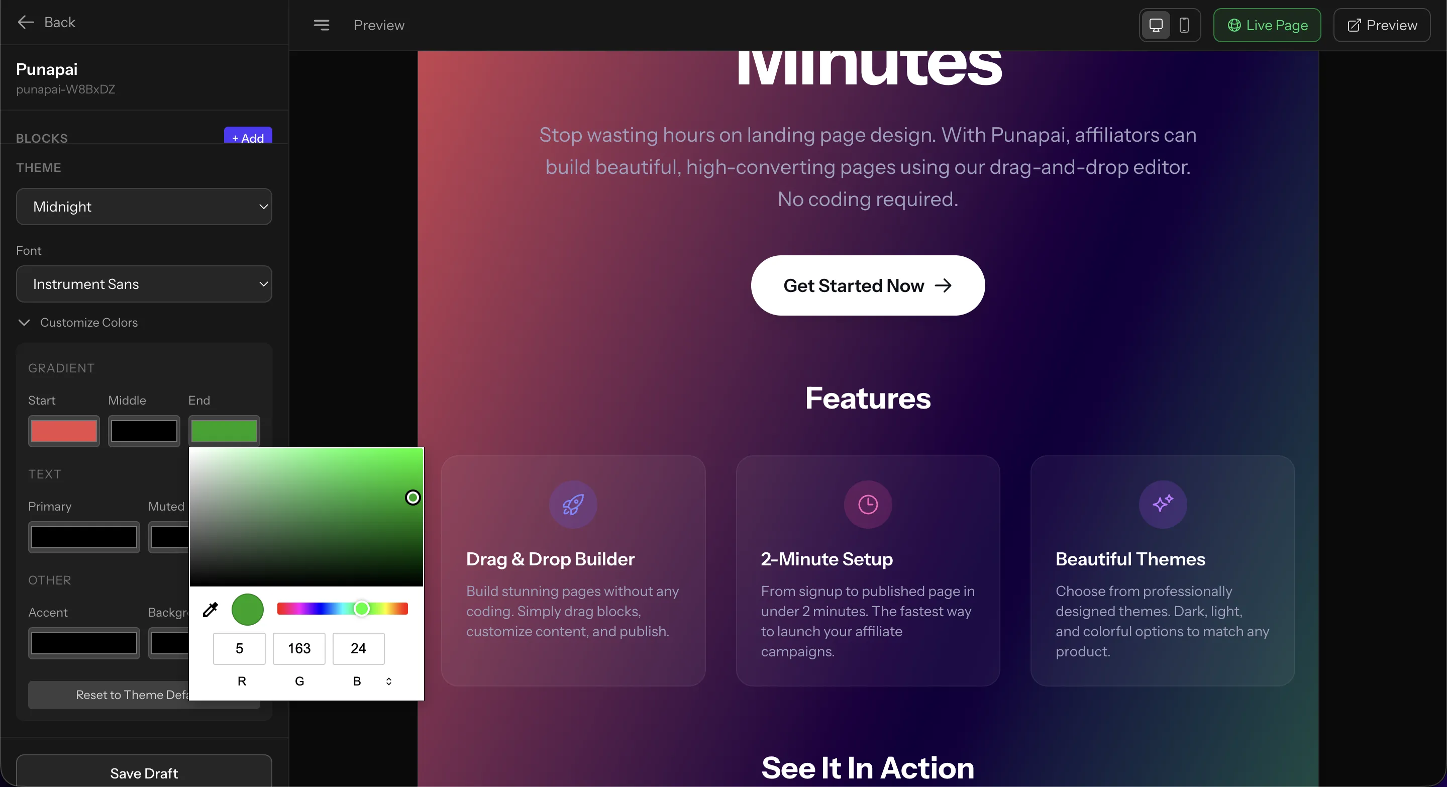 Customizing landing page colors and gradients in Punapai to match your brand