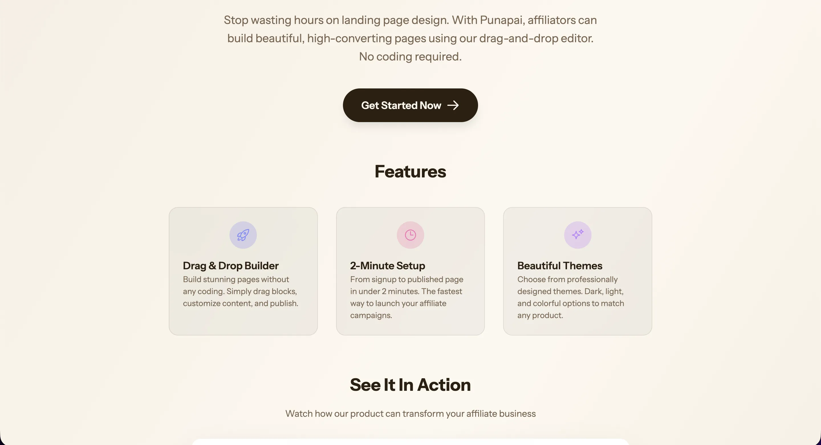 Punapai affiliate landing page builder showing a live page preview with features section and call-to-action